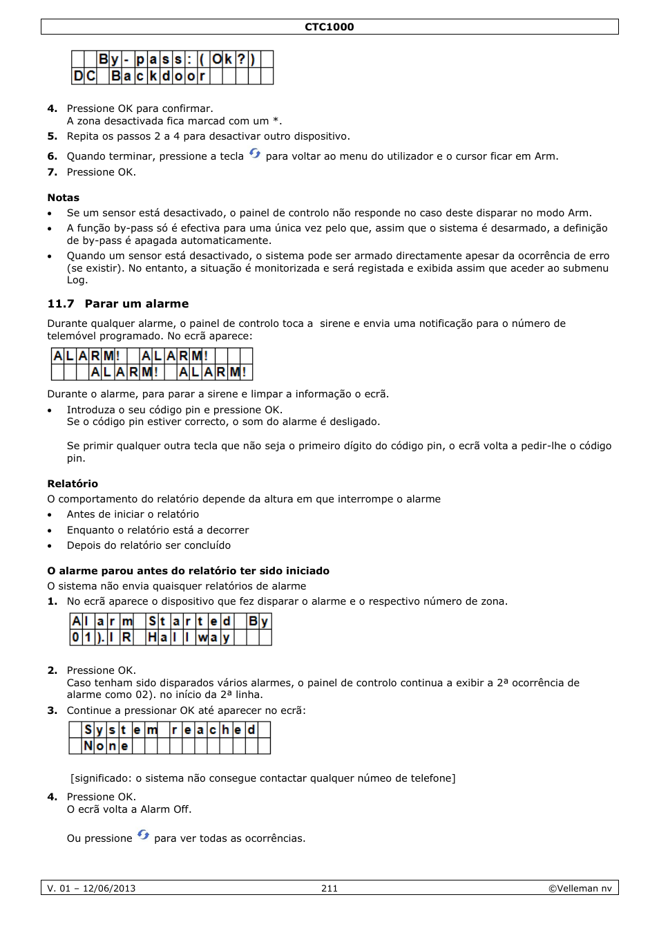Notas, 7 parar um alarme, Relatório | Velleman CTC1000 User Manual | Page 211 / 223