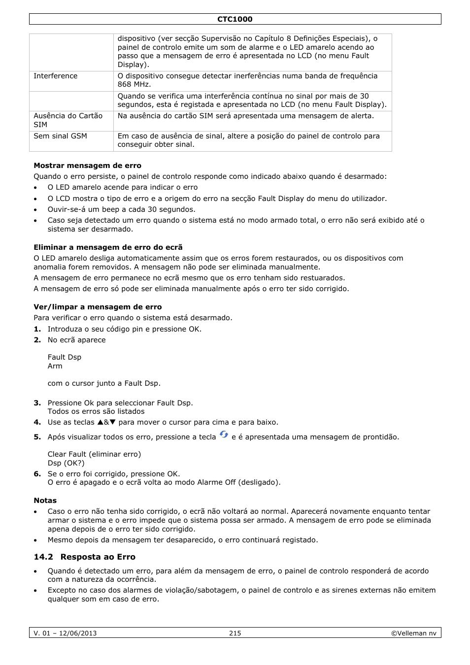 Mostrar mensagem de erro, Eliminar a mensagem de erro do ecrã, Ver/limpar a mensagem de erro | Notas, 2 resposta ao erro | Velleman CTC1000 User Manual | Page 215 / 223