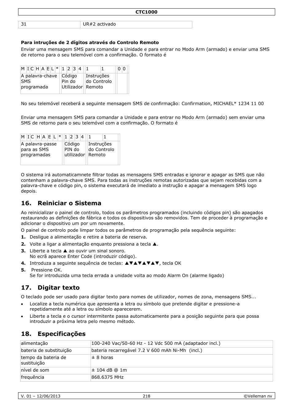 Reiniciar o sistema, Digitar texto, Especificações | Velleman CTC1000 User Manual | Page 218 / 223