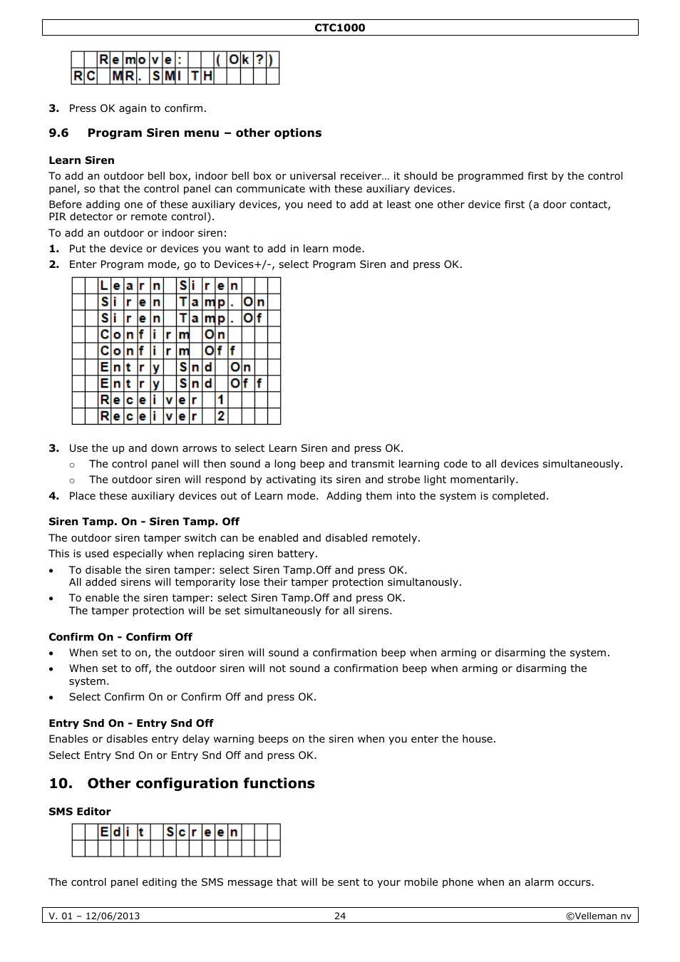 6 program siren menu – other options, Learn siren, Siren tamp. on - siren tamp. off | Confirm on - confirm off, Entry snd on - entry snd off, Other configuration functions, Sms editor | Velleman CTC1000 User Manual | Page 24 / 223