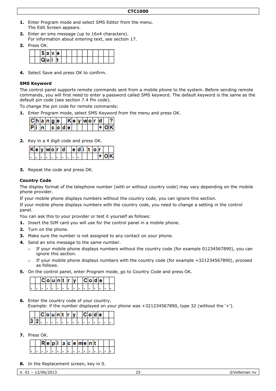 Sms keyword, Country code | Velleman CTC1000 User Manual | Page 25 / 223