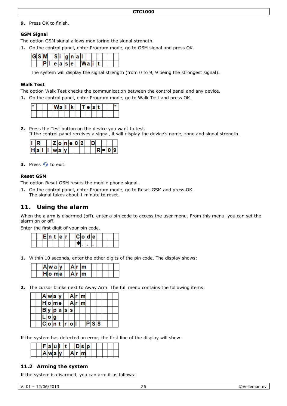 Gsm signal, Walk test, Reset gsm | Using the alarm, 2 arming the system | Velleman CTC1000 User Manual | Page 26 / 223