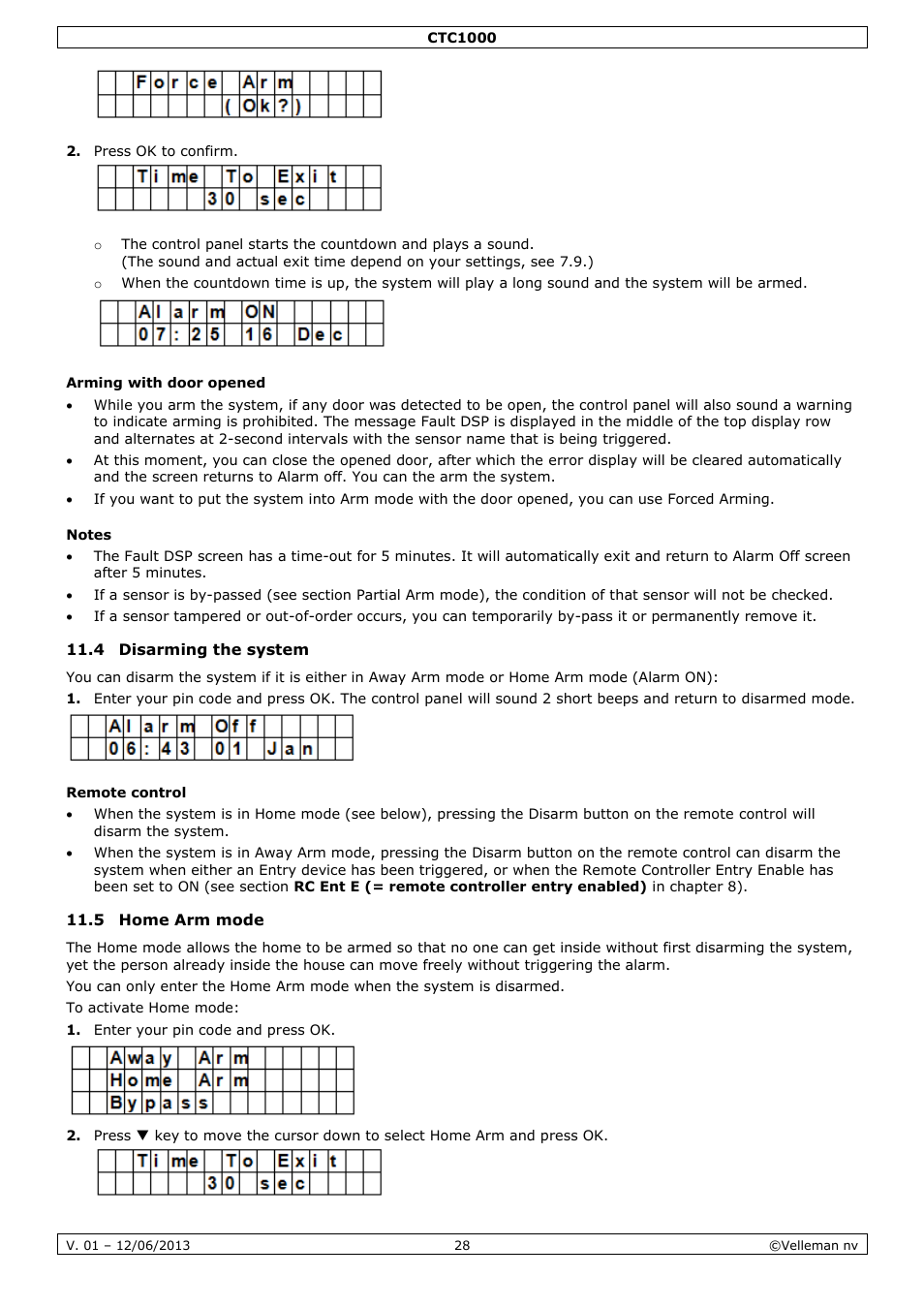 Arming with door opened, Notes, 4 disarming the system | Remote control, 5 home arm mode | Velleman CTC1000 User Manual | Page 28 / 223