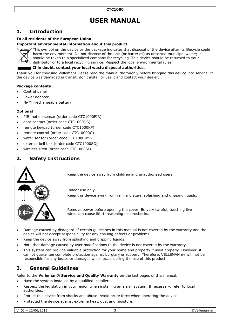 User manual, Introduction, Package contents | Optional, Safety instructions, General guidelines | Velleman CTC1000 User Manual | Page 3 / 223