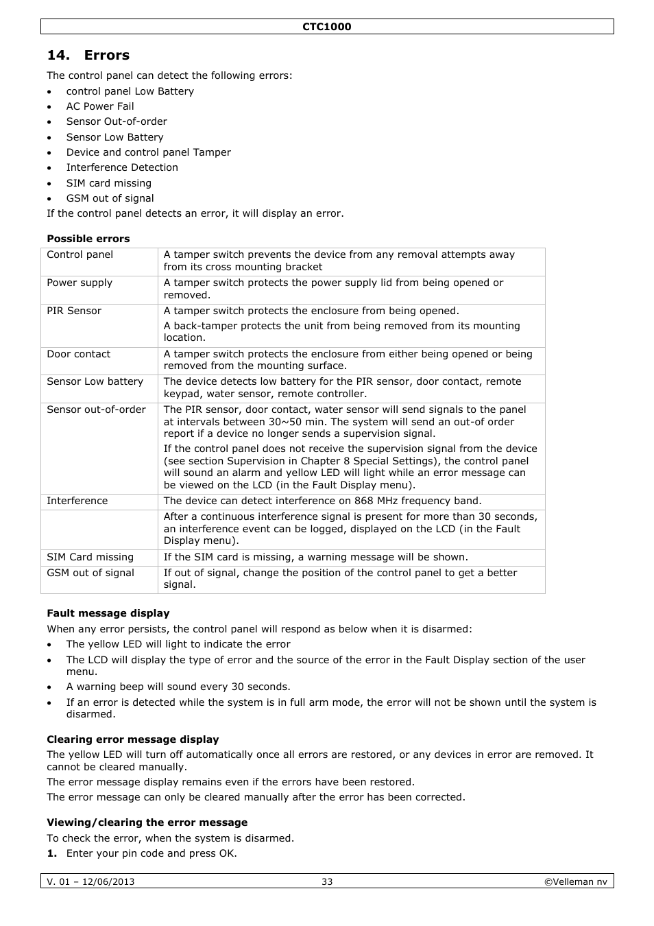 Errors, Possible errors, Fault message display | Clearing error message display, Viewing/clearing the error message | Velleman CTC1000 User Manual | Page 33 / 223
