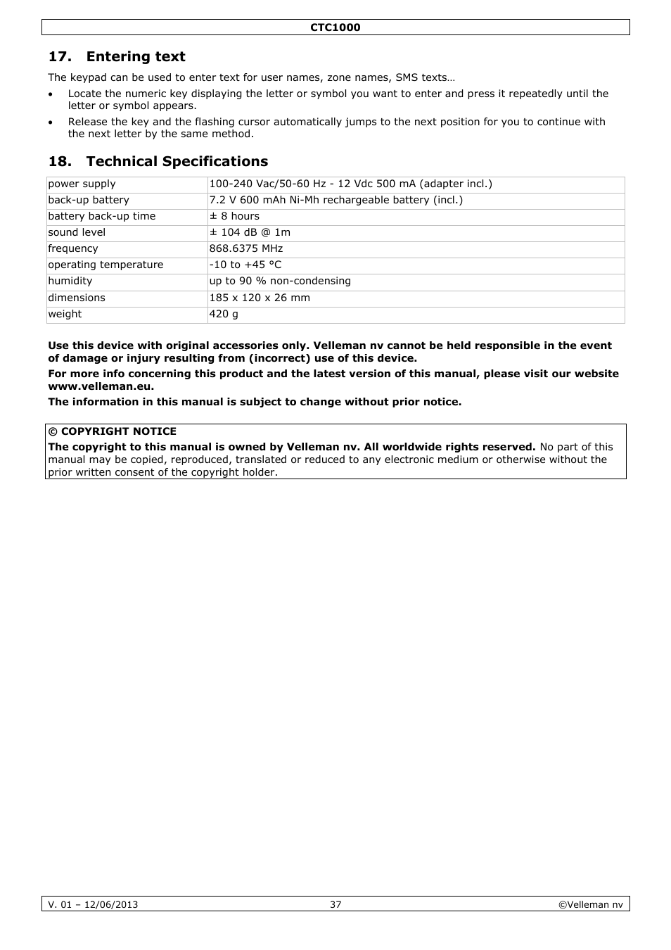 Entering text, Technical specifications | Velleman CTC1000 User Manual | Page 37 / 223