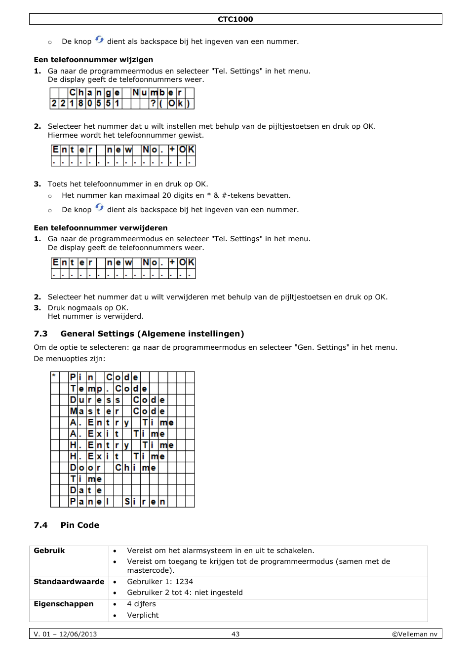 Een telefoonnummer wijzigen, Een telefoonnummer verwijderen, 3 general settings (algemene instellingen) | 4 pin code | Velleman CTC1000 User Manual | Page 43 / 223