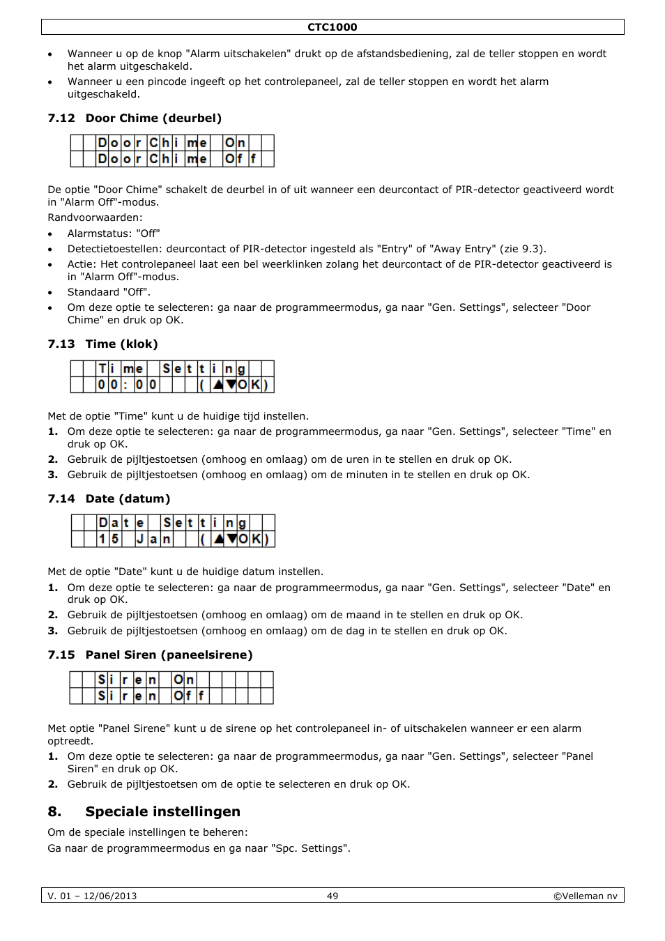 12 door chime (deurbel), 13 time (klok), 14 date (datum) | 15 panel siren (paneelsirene), Speciale instellingen | Velleman CTC1000 User Manual | Page 49 / 223