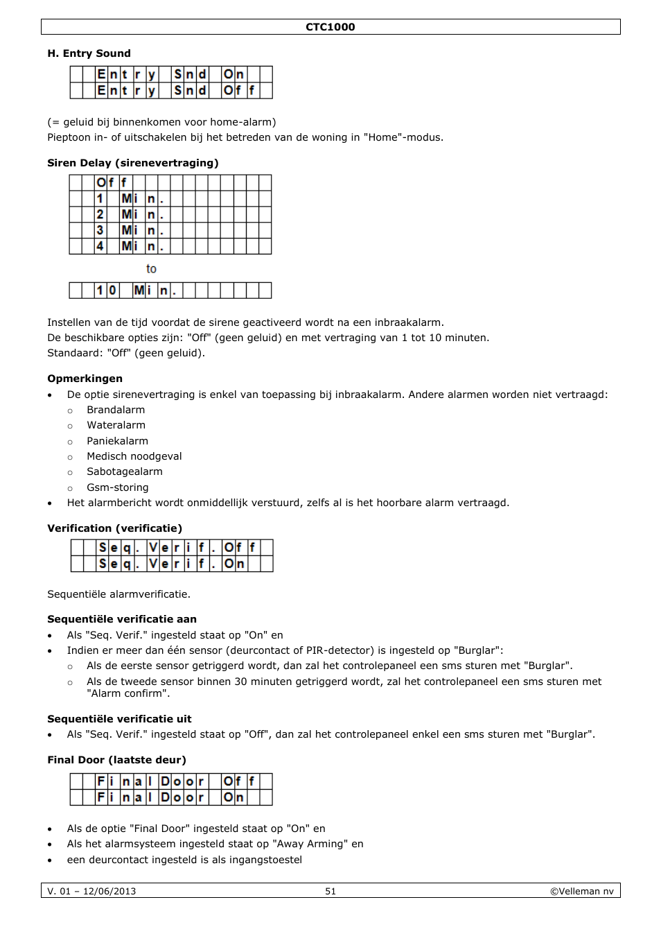 H. entry sound, Siren delay (sirenevertraging), Opmerkingen | Verification (verificatie), Sequentiële verificatie aan, Sequentiële verificatie uit, Final door (laatste deur) | Velleman CTC1000 User Manual | Page 51 / 223