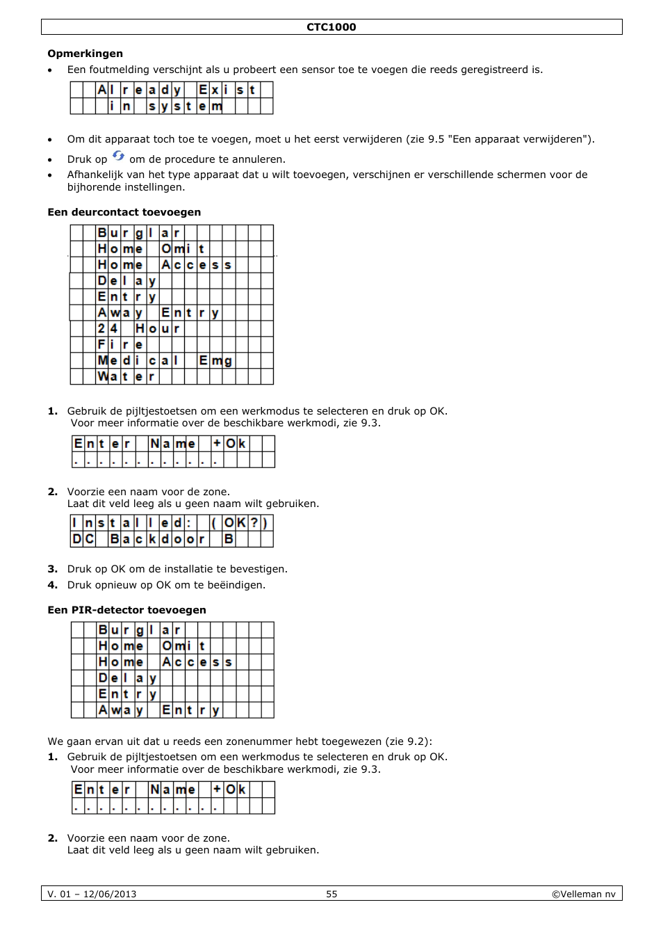 Opmerkingen, Een deurcontact toevoegen, Een pir-detector toevoegen | Velleman CTC1000 User Manual | Page 55 / 223