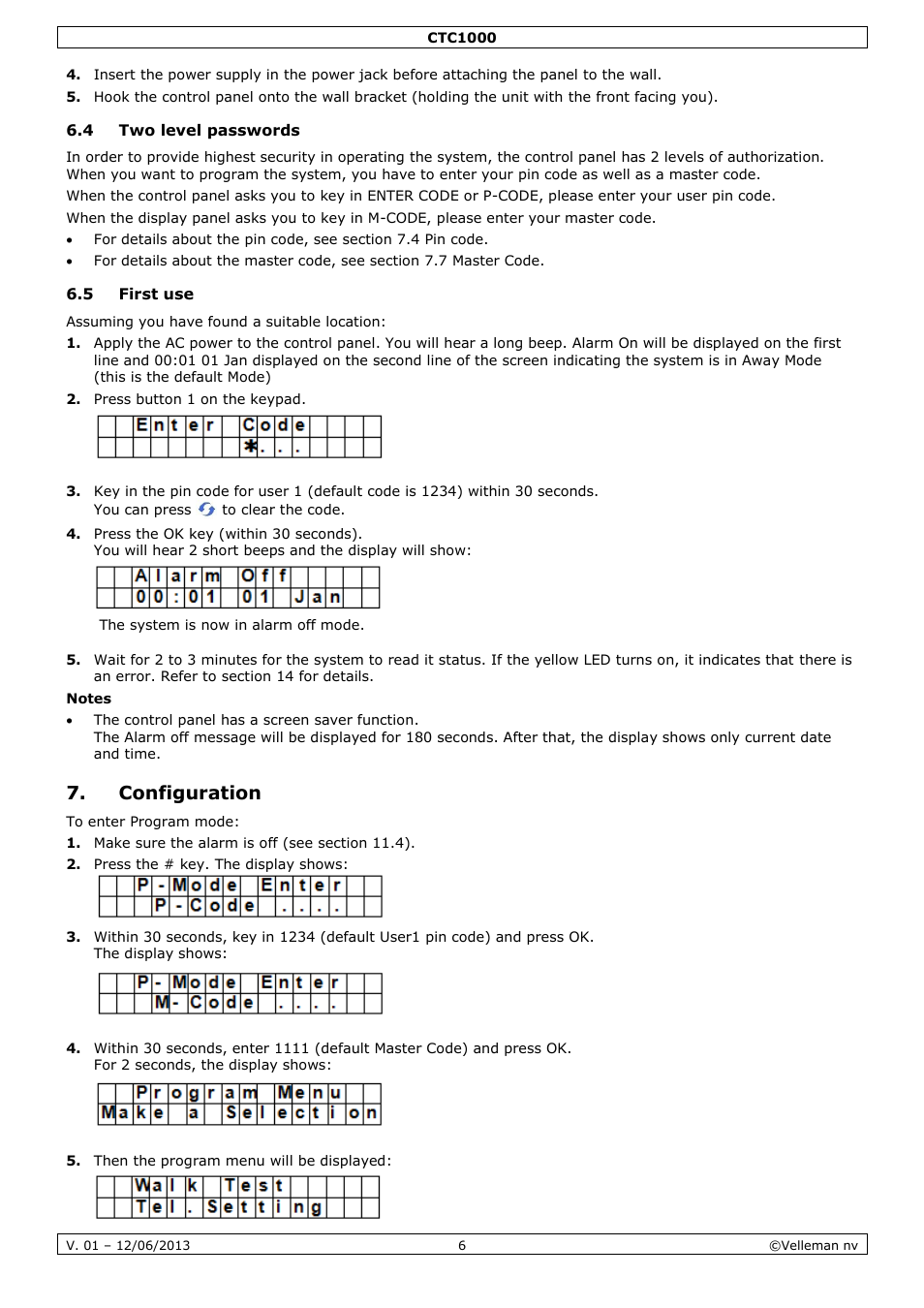 4 two level passwords, 5 first use, Configuration | Velleman CTC1000 User Manual | Page 6 / 223