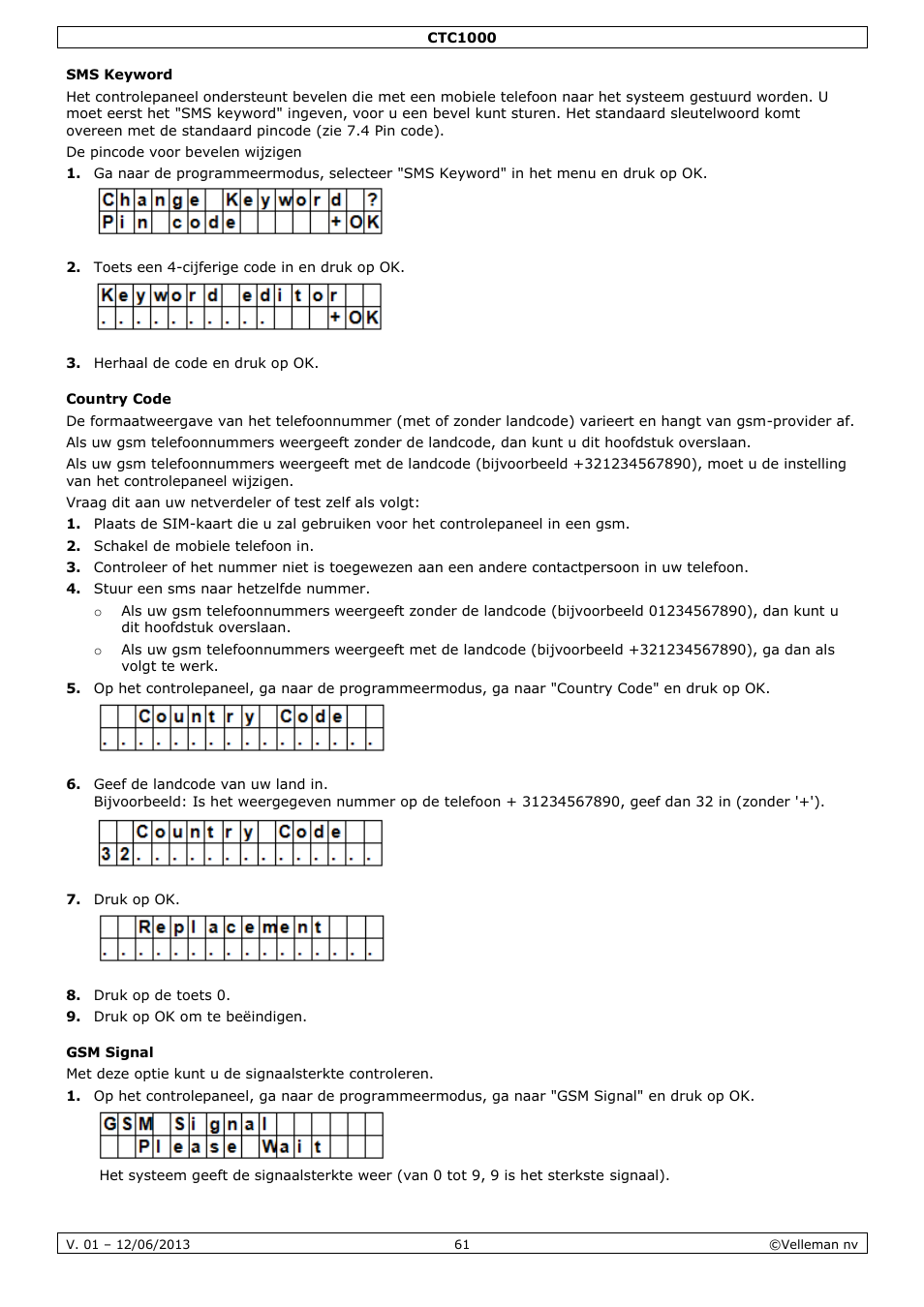 Sms keyword, Country code, Gsm signal | Velleman CTC1000 User Manual | Page 61 / 223