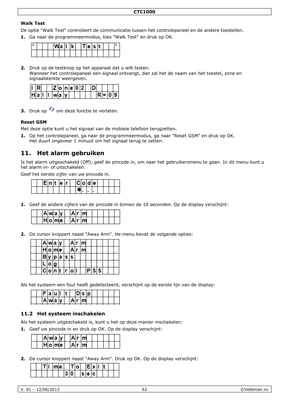 Walk test, Reset gsm, Het alarm gebruiken | 2 het systeem inschakelen | Velleman CTC1000 User Manual | Page 62 / 223