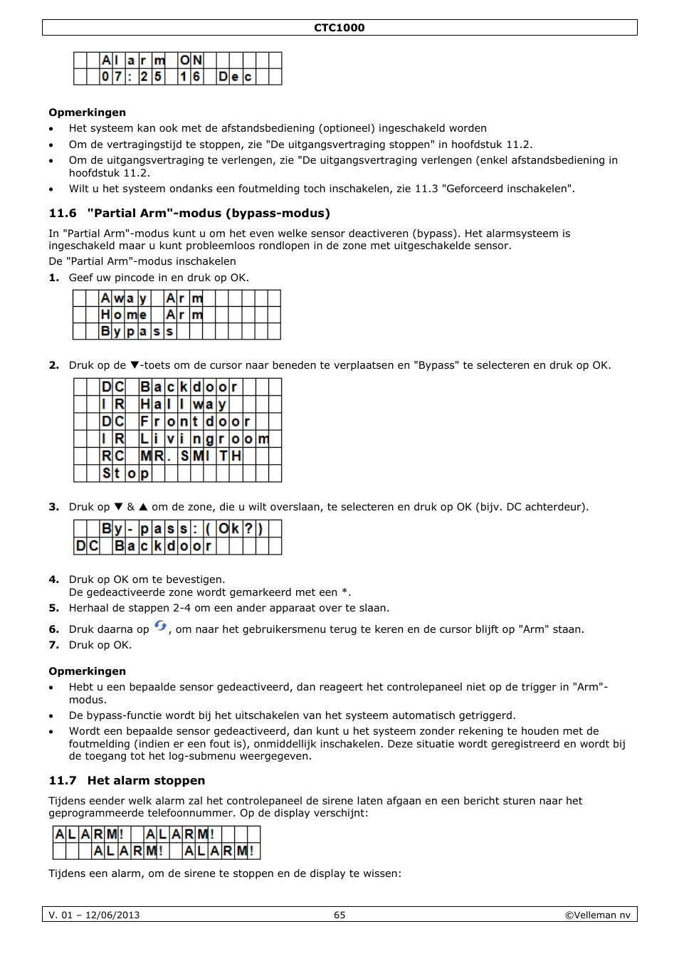 Opmerkingen, 6 "partial arm"-modus (bypass-modus), 7 het alarm stoppen | Velleman CTC1000 User Manual | Page 65 / 223