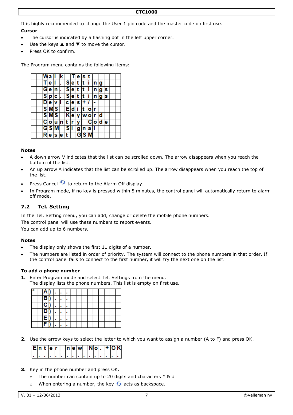 Notes, 2 tel. setting, To add a phone number | Velleman CTC1000 User Manual | Page 7 / 223