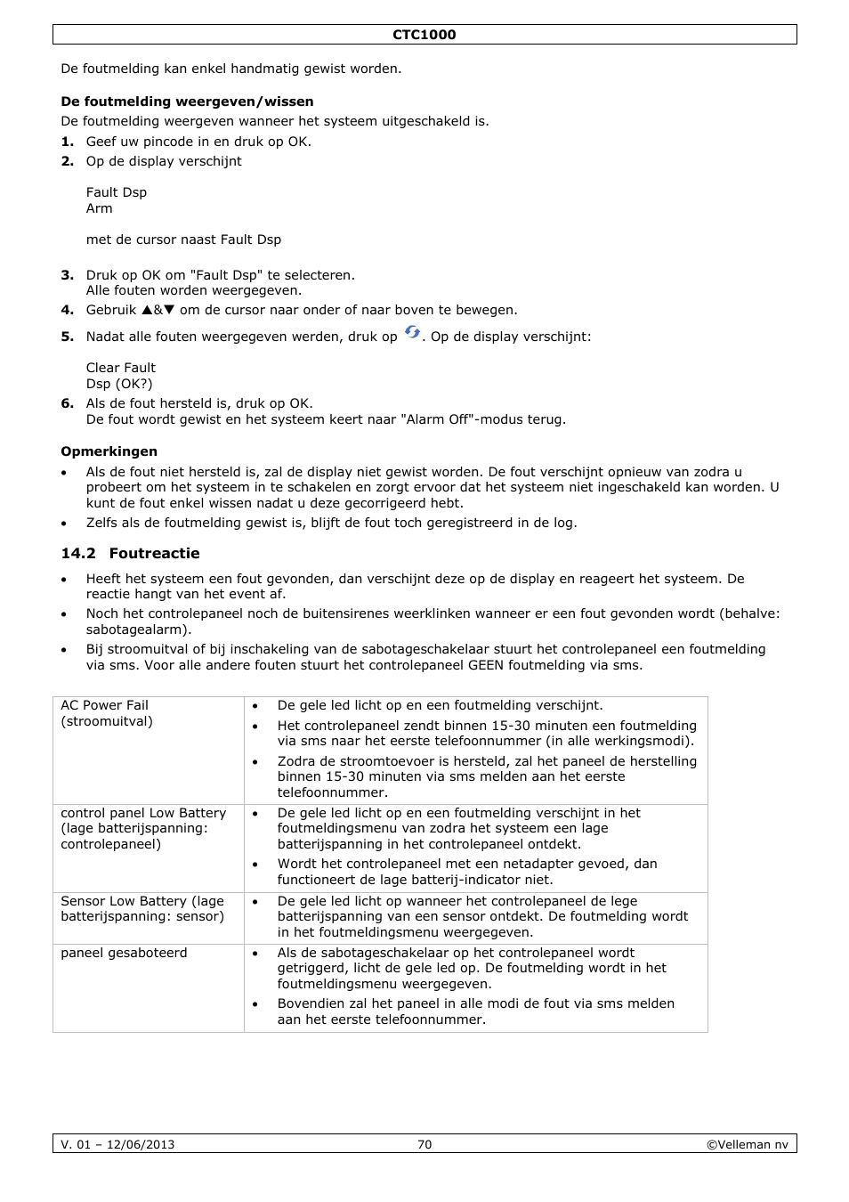 De foutmelding weergeven/wissen, Opmerkingen, 2 foutreactie | Velleman CTC1000 User Manual | Page 70 / 223