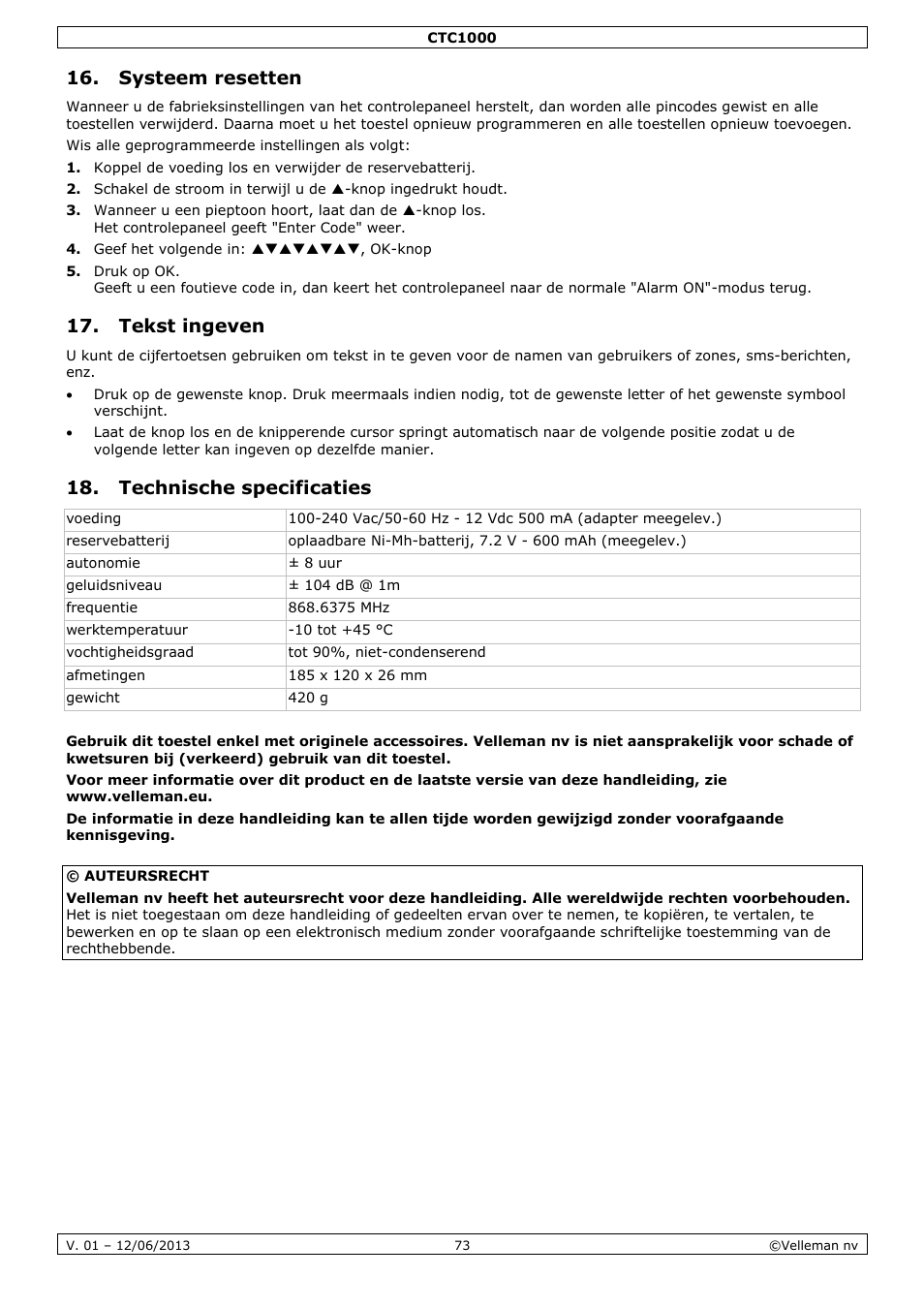 Systeem resetten, Tekst ingeven, Technische specificaties | Velleman CTC1000 User Manual | Page 73 / 223