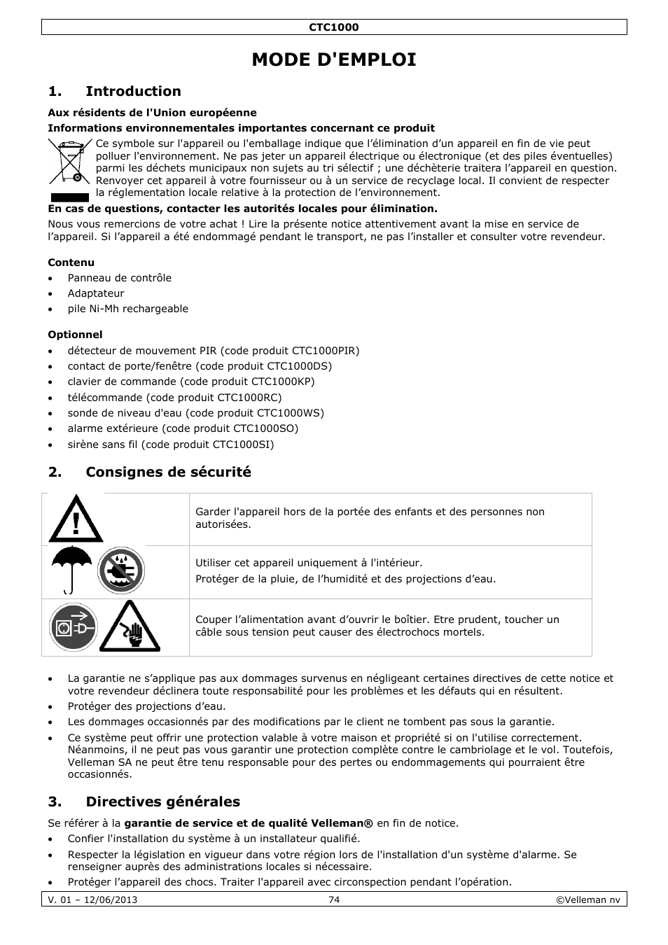 Mode d'emploi, Introduction, Contenu | Optionnel, Consignes de sécurité, Directives générales | Velleman CTC1000 User Manual | Page 74 / 223
