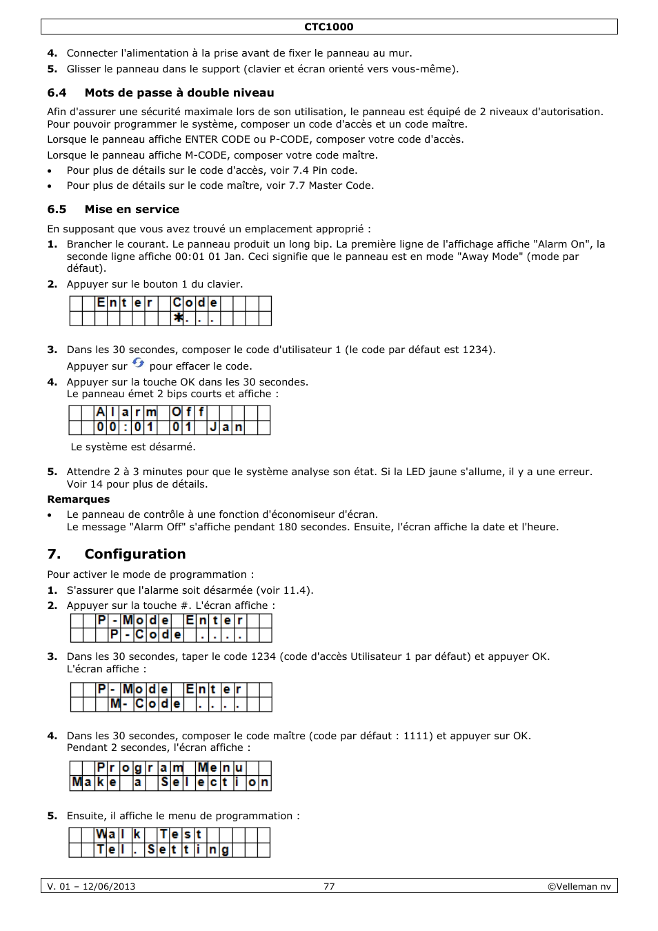 4 mots de passe à double niveau, 5 mise en service, Configuration | Velleman CTC1000 User Manual | Page 77 / 223