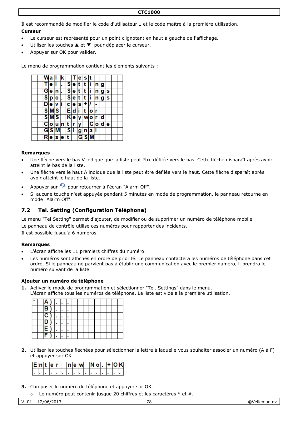 Remarques, 2 tel. setting (configuration téléphone), Ajouter un numéro de téléphone | Velleman CTC1000 User Manual | Page 78 / 223