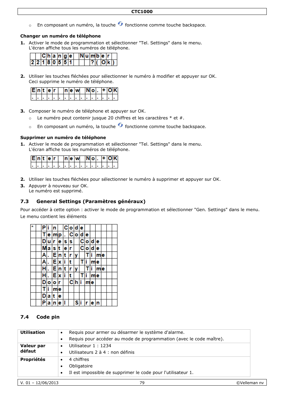 Changer un numéro de téléphone, Supprimer un numéro de téléphone, 3 general settings (paramètres généraux) | 4 code pin | Velleman CTC1000 User Manual | Page 79 / 223