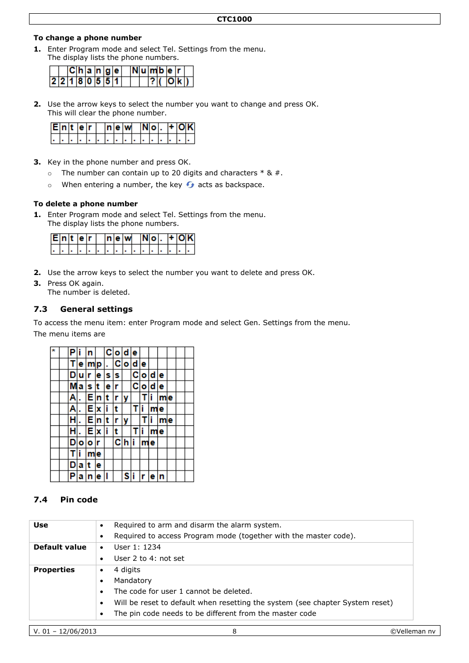 To change a phone number, To delete a phone number, 3 general settings | 4 pin code | Velleman CTC1000 User Manual | Page 8 / 223