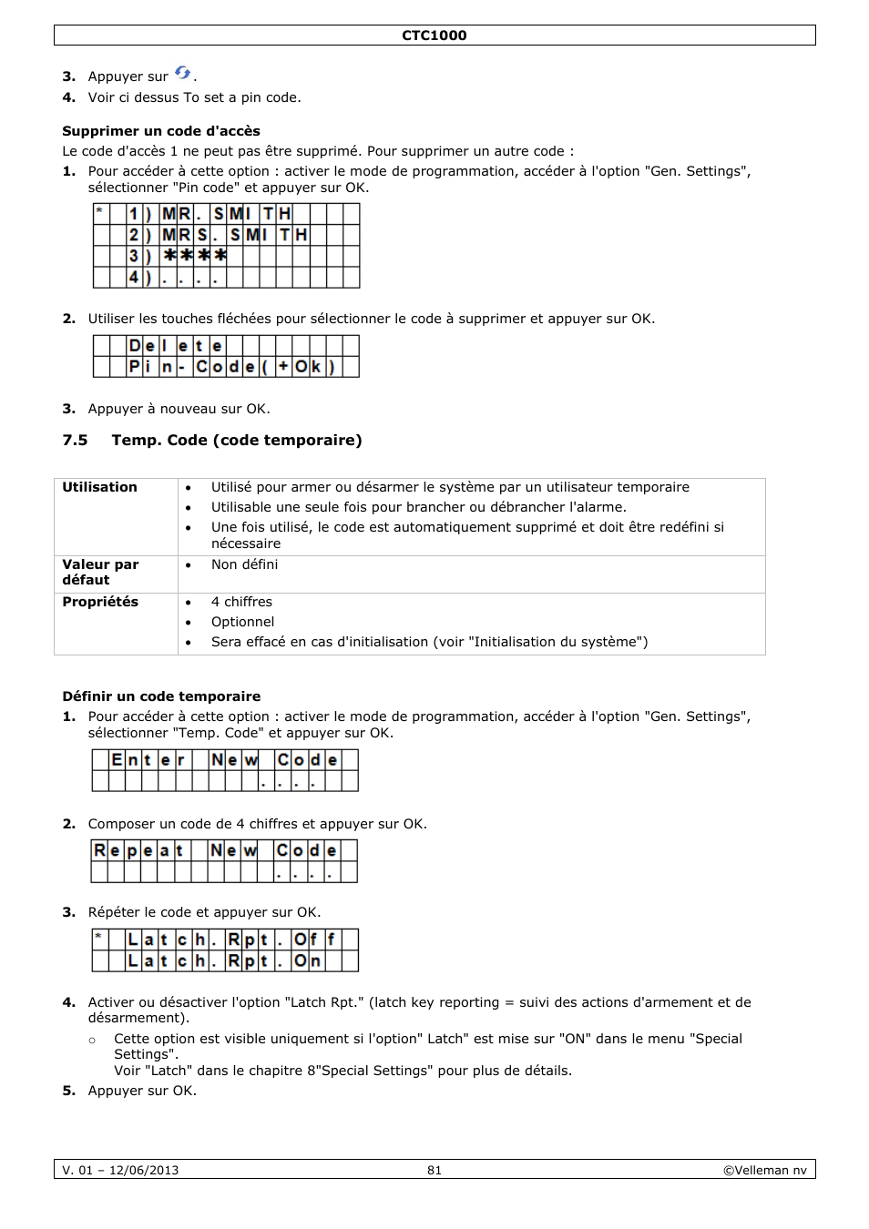 Supprimer un code d'accès, 5 temp. code (code temporaire), Définir un code temporaire | Velleman CTC1000 User Manual | Page 81 / 223