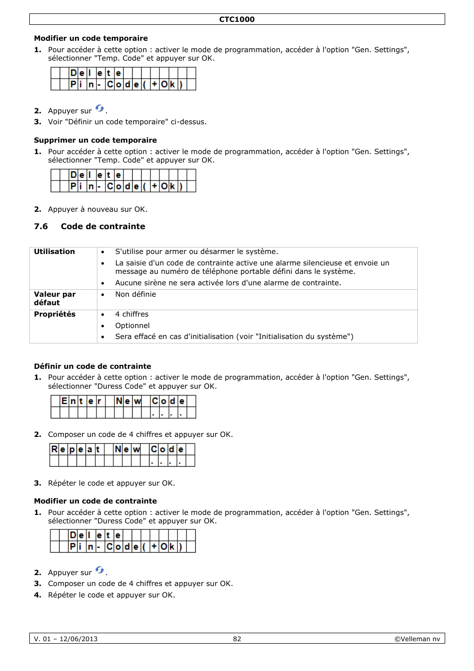Modifier un code temporaire, Supprimer un code temporaire, 6 code de contrainte | Définir un code de contrainte, Modifier un code de contrainte | Velleman CTC1000 User Manual | Page 82 / 223