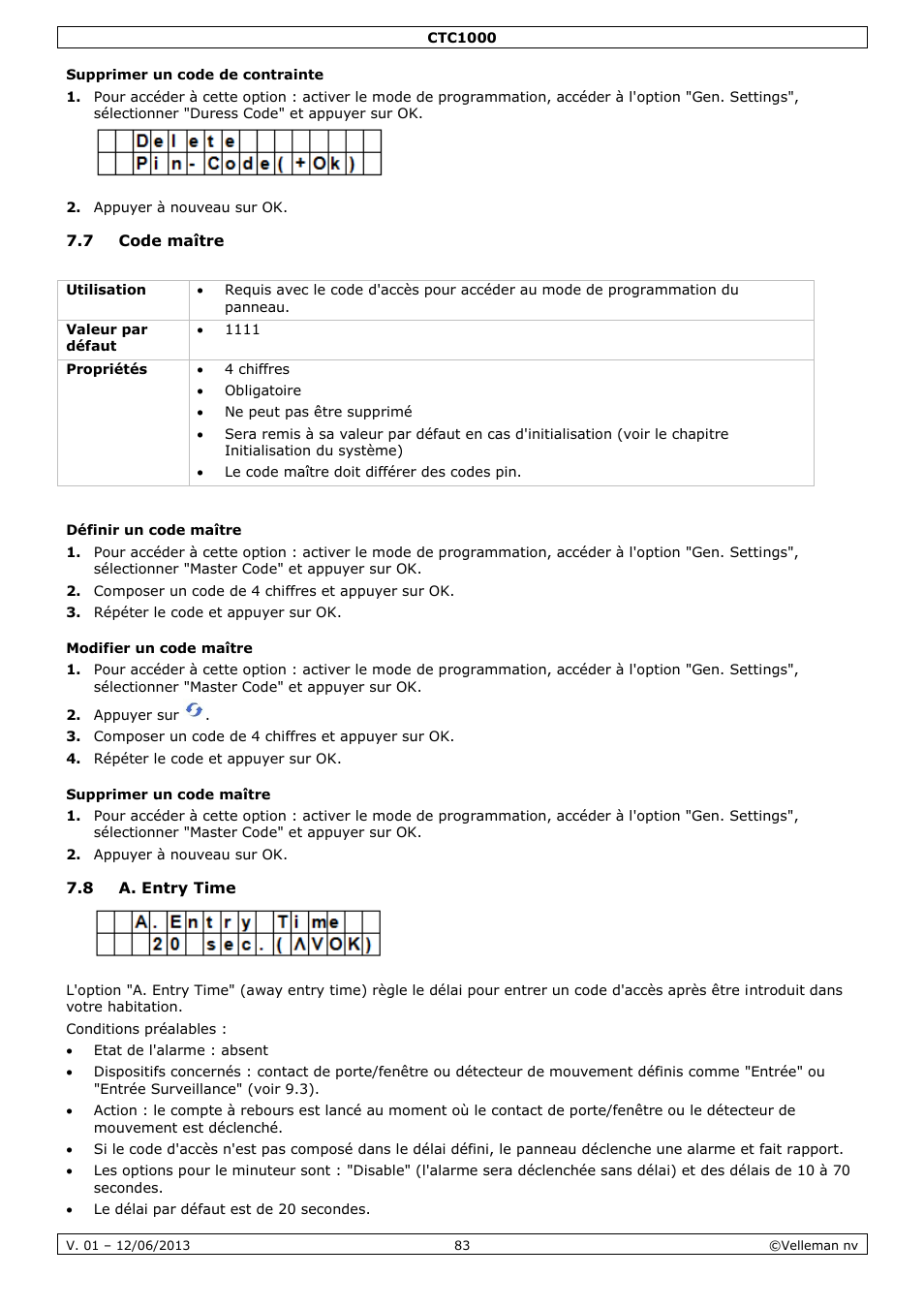 Supprimer un code de contrainte, 7 code maître, Définir un code maître | Modifier un code maître, Supprimer un code maître, 8 a. entry time | Velleman CTC1000 User Manual | Page 83 / 223