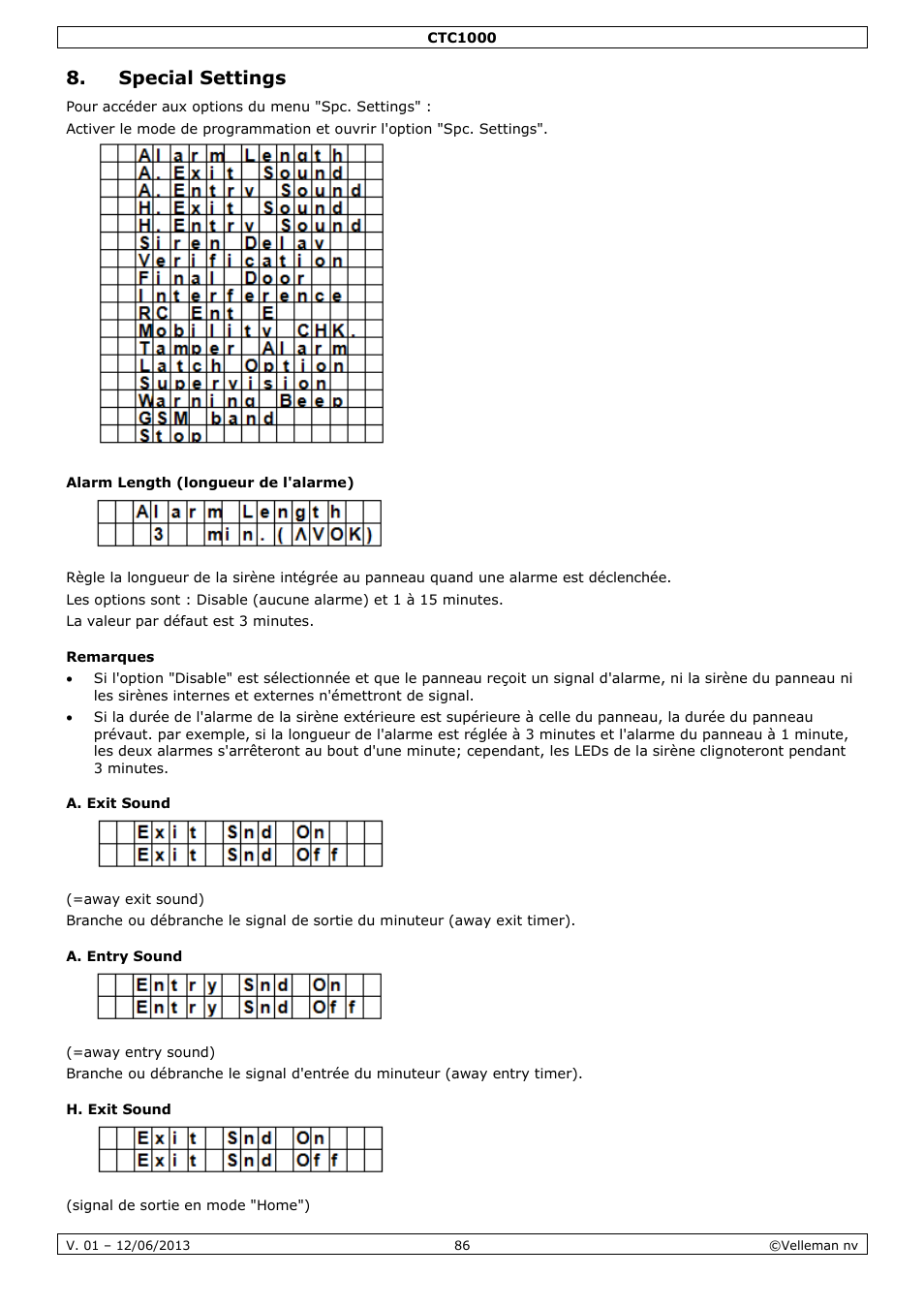 Special settings, Alarm length (longueur de l'alarme), Remarques | A. exit sound, A. entry sound, H. exit sound | Velleman CTC1000 User Manual | Page 86 / 223