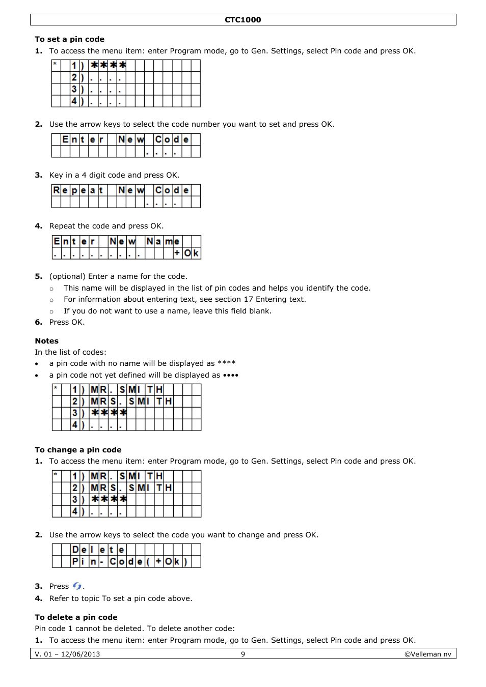 To set a pin code, Notes, To change a pin code | To delete a pin code | Velleman CTC1000 User Manual | Page 9 / 223