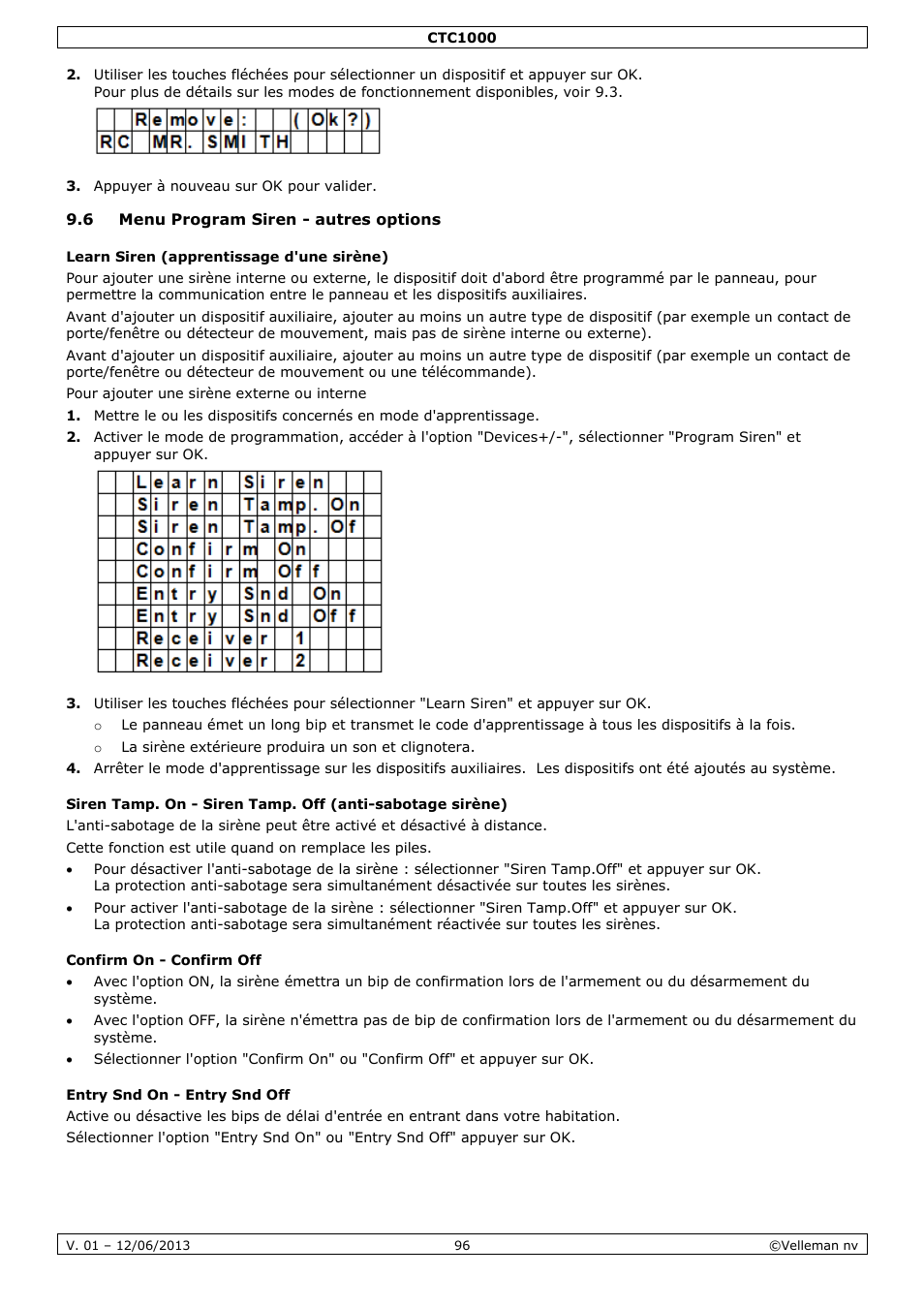 6 menu program siren - autres options, Learn siren (apprentissage d'une sirène), Confirm on - confirm off | Entry snd on - entry snd off | Velleman CTC1000 User Manual | Page 96 / 223
