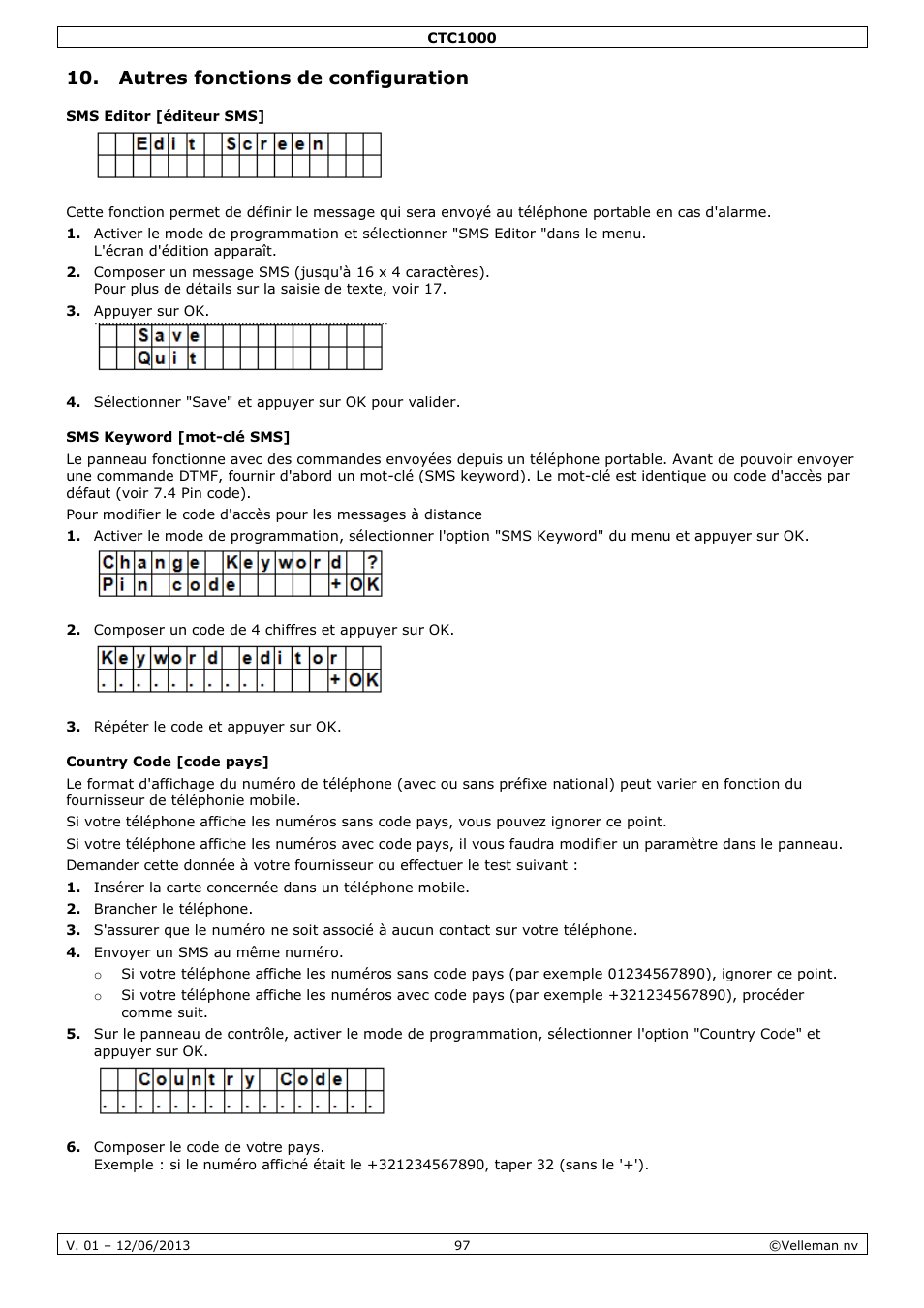Autres fonctions de configuration, Sms editor [éditeur sms, Sms keyword [mot-clé sms | Country code [code pays | Velleman CTC1000 User Manual | Page 97 / 223
