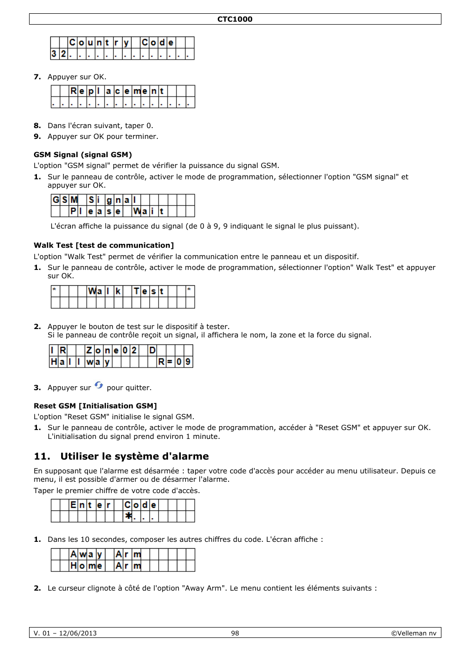 Gsm signal (signal gsm), Walk test [test de communication, Reset gsm [initialisation gsm | Utiliser le système d'alarme | Velleman CTC1000 User Manual | Page 98 / 223