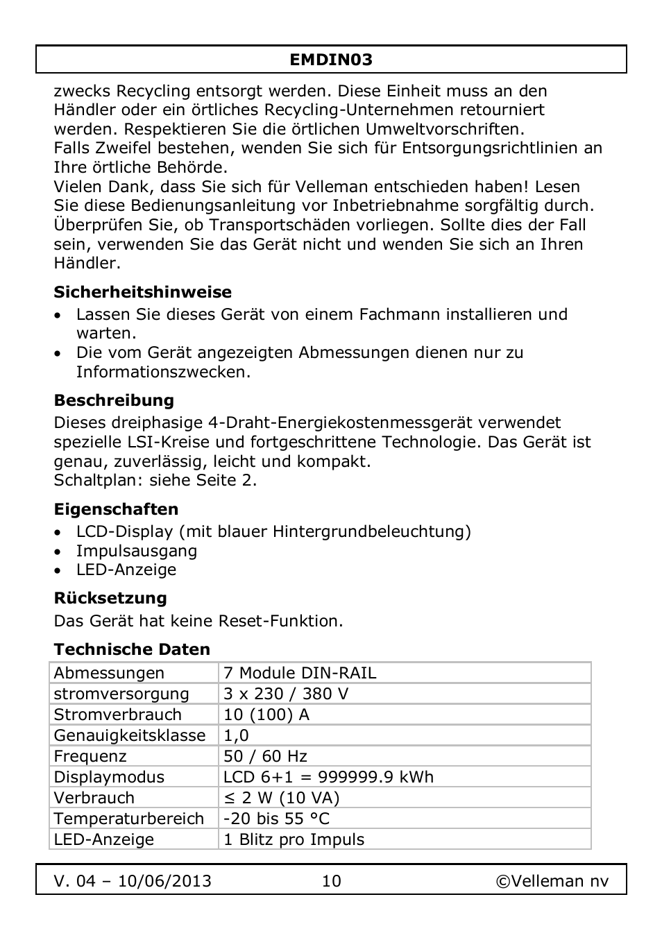 Sicherheitshinweise, Beschreibung, Eigenschaften | Rücksetzung, Technische daten | Velleman EMDIN03 User Manual | Page 10 / 16
