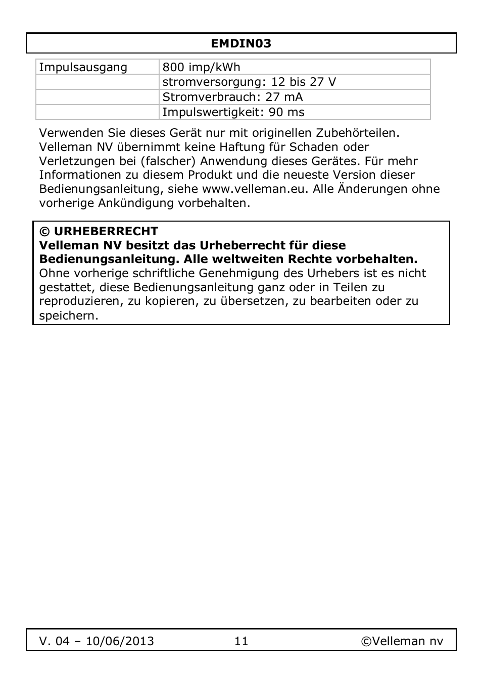 Velleman EMDIN03 User Manual | Page 11 / 16