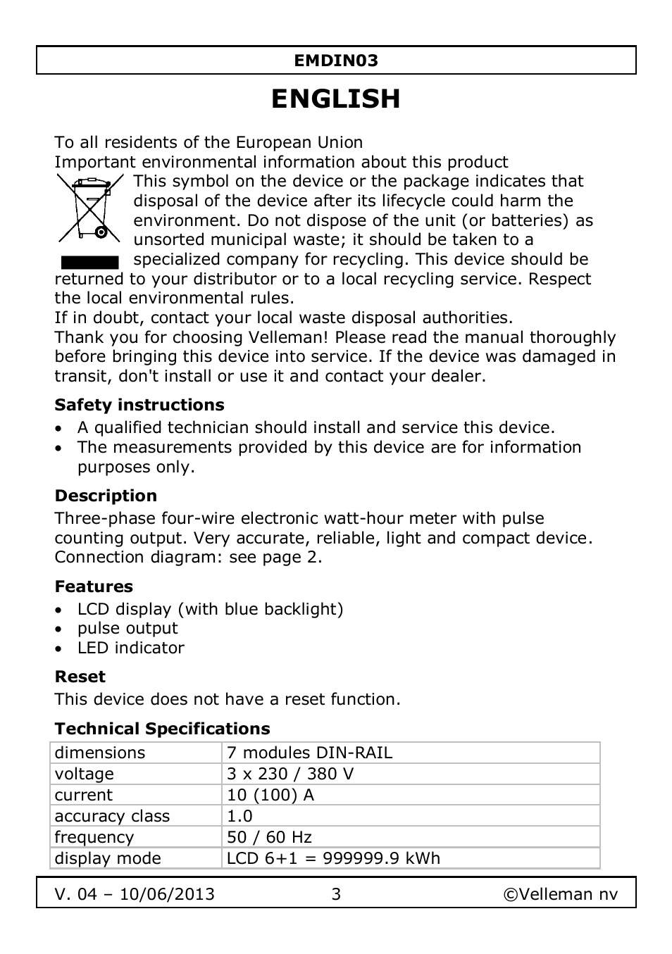 English, Safety instructions, Description | Features, Reset, Technical specifications | Velleman EMDIN03 User Manual | Page 3 / 16