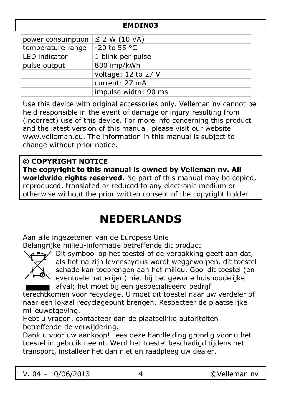 Nederlands | Velleman EMDIN03 User Manual | Page 4 / 16