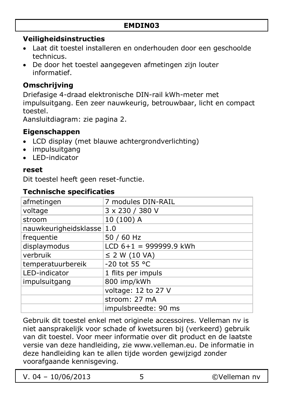 Veiligheidsinstructies, Omschrijving, Eigenschappen | Reset, Technische specificaties | Velleman EMDIN03 User Manual | Page 5 / 16