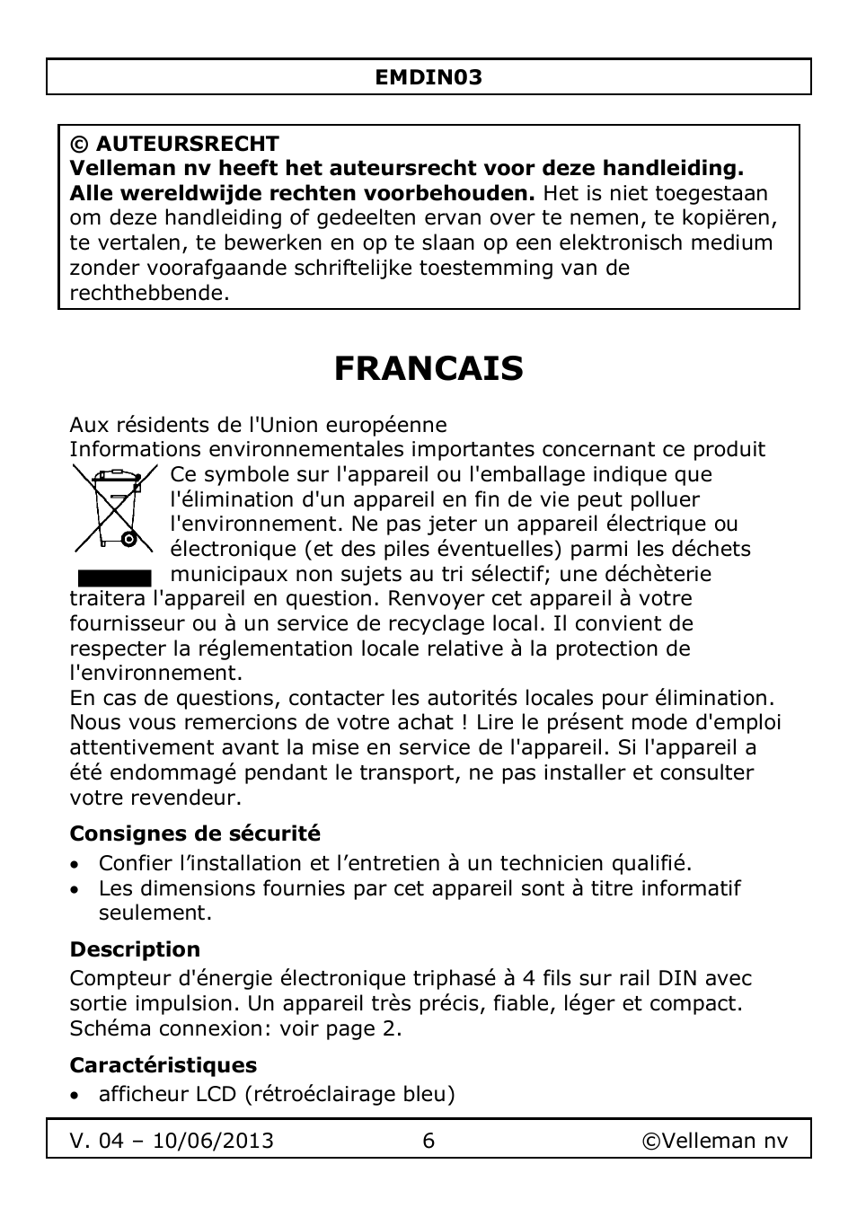 Francais, Consignes de sécurité, Description | Caractéristiques | Velleman EMDIN03 User Manual | Page 6 / 16