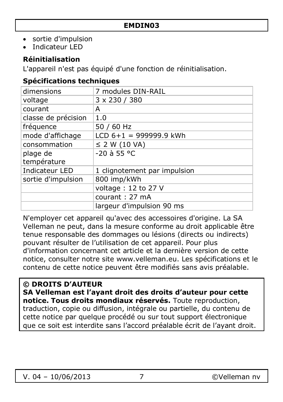Réinitialisation, Spécifications techniques | Velleman EMDIN03 User Manual | Page 7 / 16