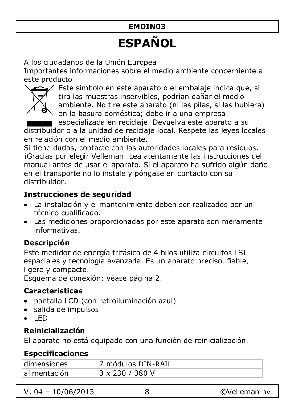 Español, Instrucciones de seguridad, Descripción | Características, Reinicialización, Especificaciones | Velleman EMDIN03 User Manual | Page 8 / 16