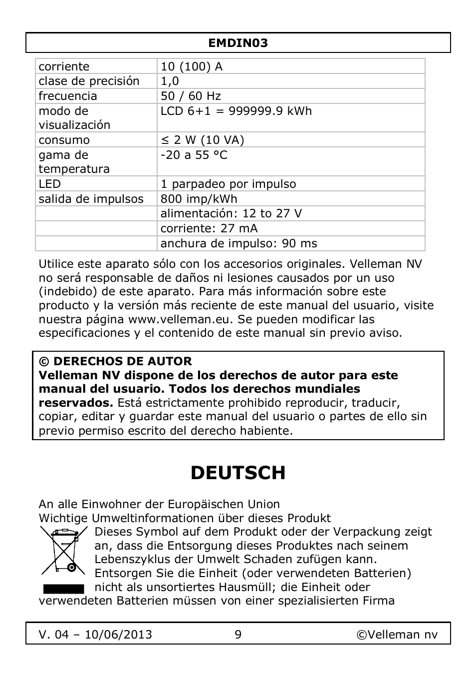 Deutsch | Velleman EMDIN03 User Manual | Page 9 / 16