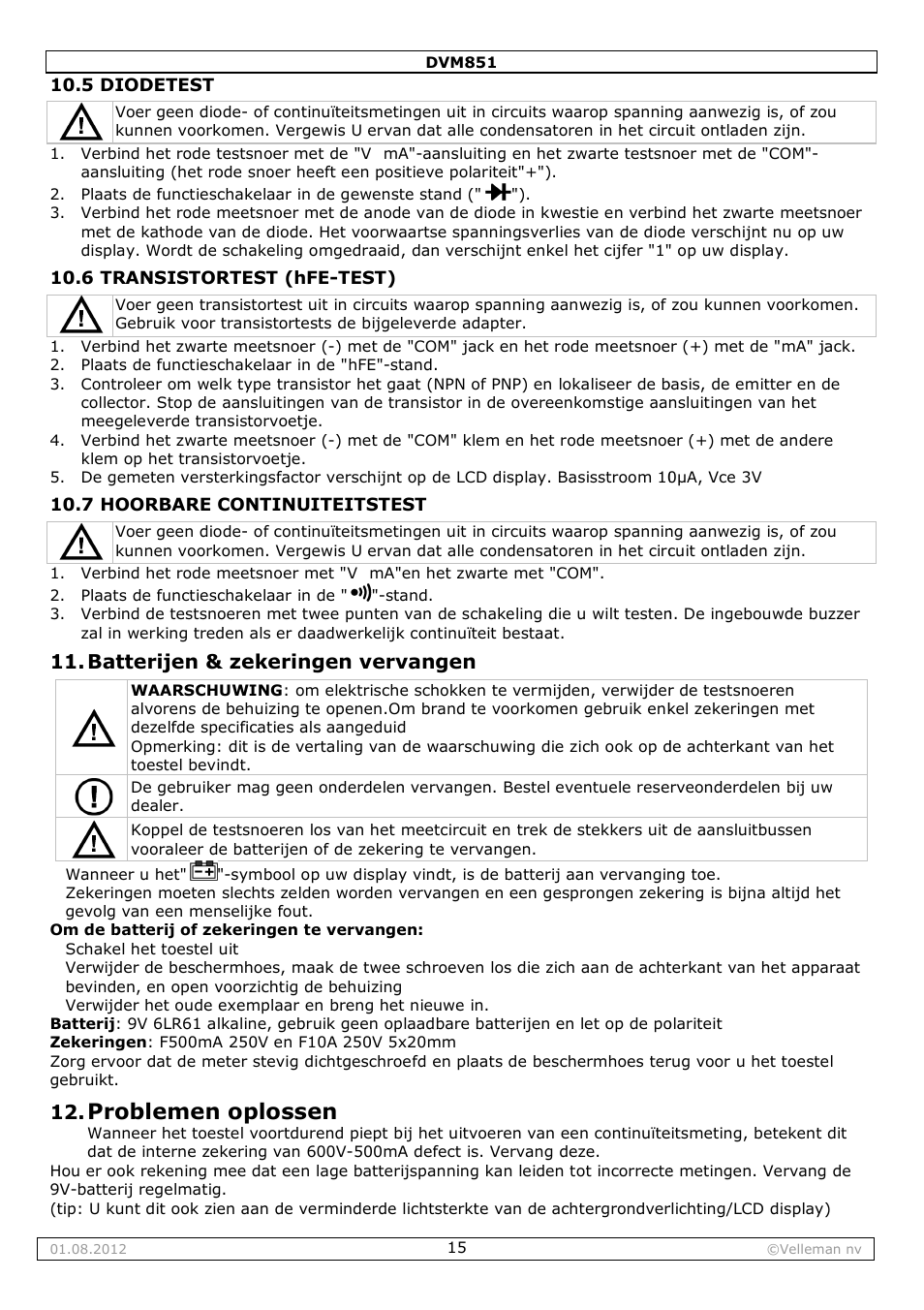 Problemen oplossen, Batterijen & zekeringen vervangen | Velleman DVM851 User Manual | Page 15 / 42