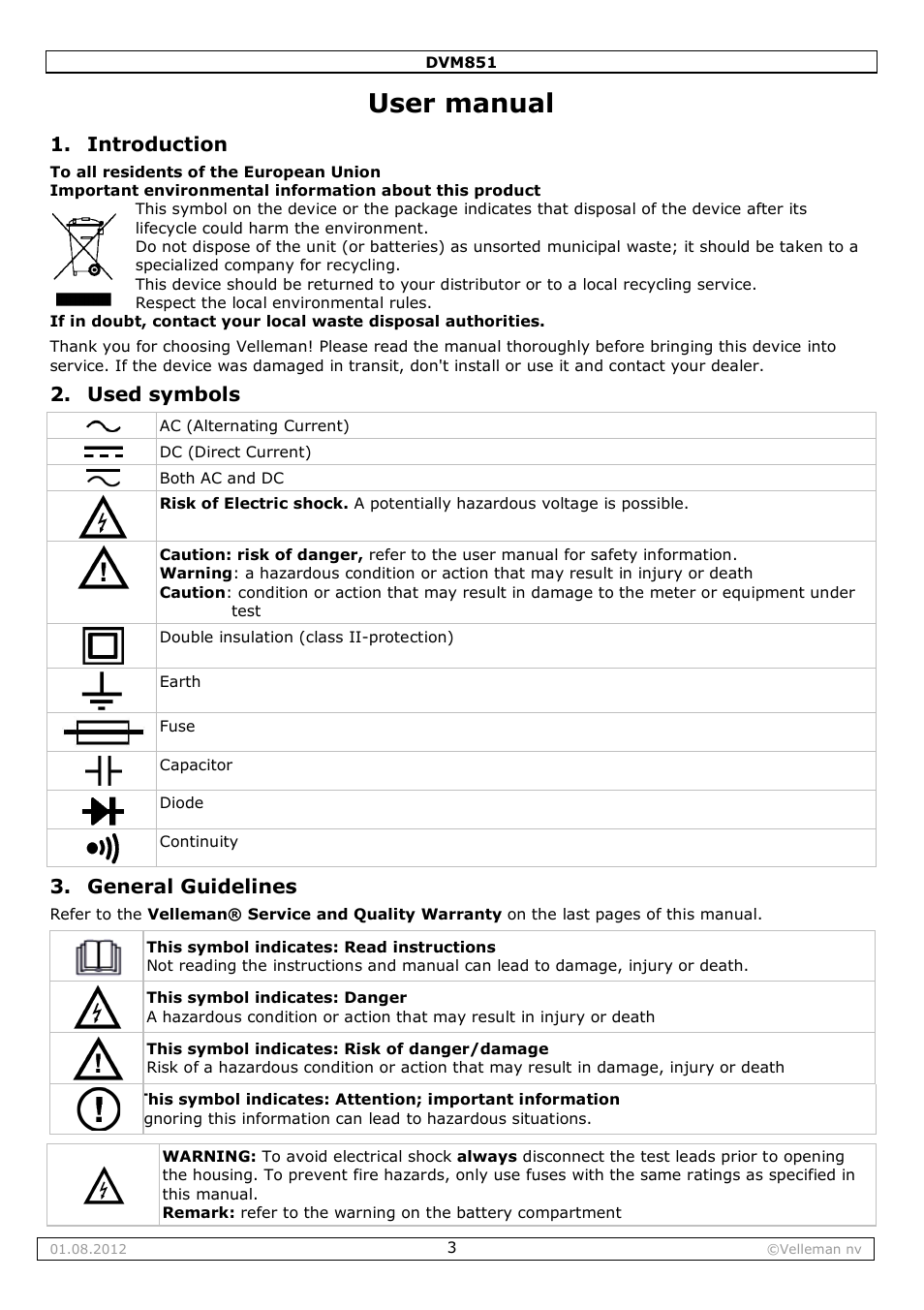 User manual, Introduction, Used symbols | General guidelines | Velleman DVM851 User Manual | Page 3 / 42