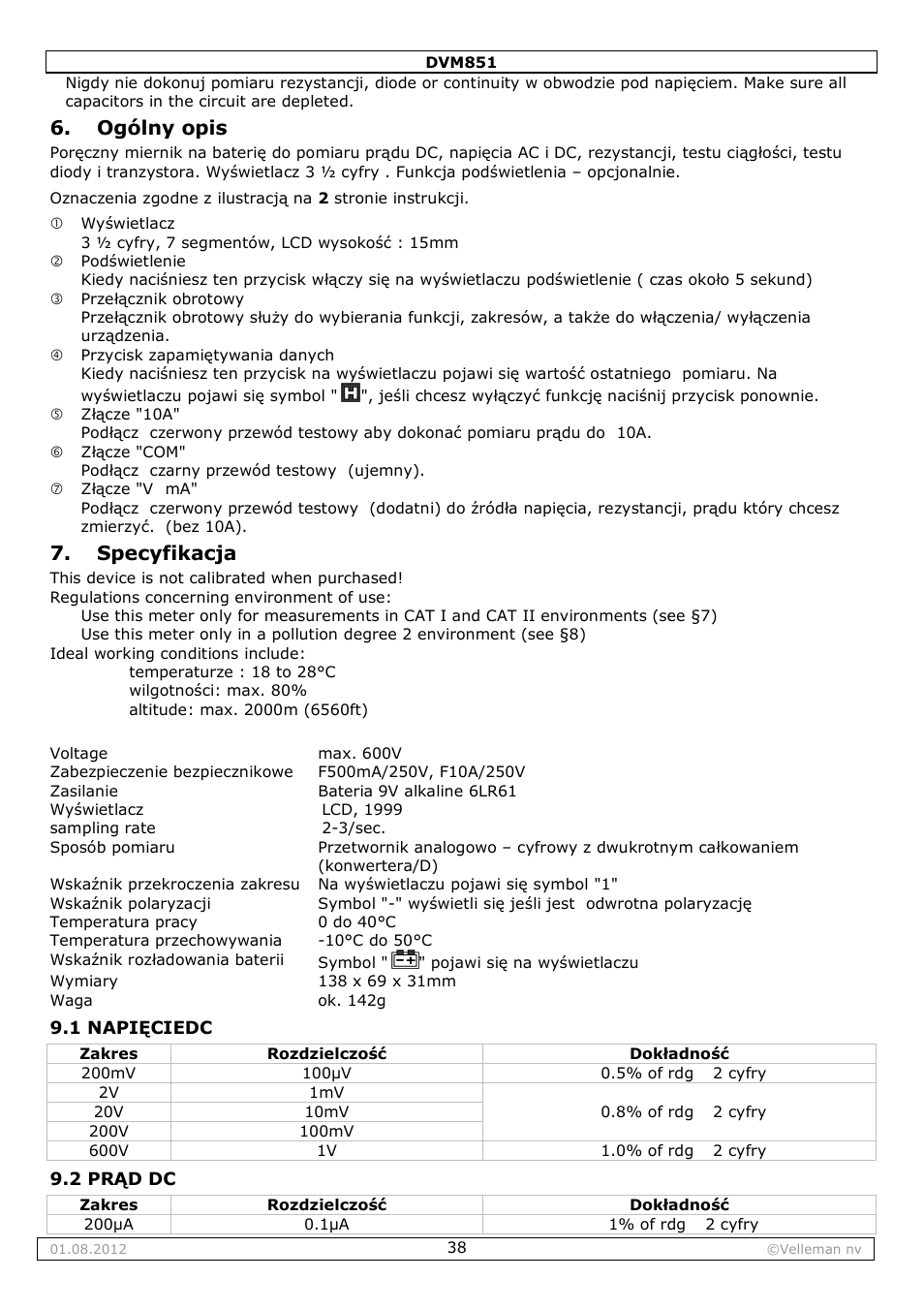 Ogólny opis, Specyfikacja | Velleman DVM851 User Manual | Page 38 / 42