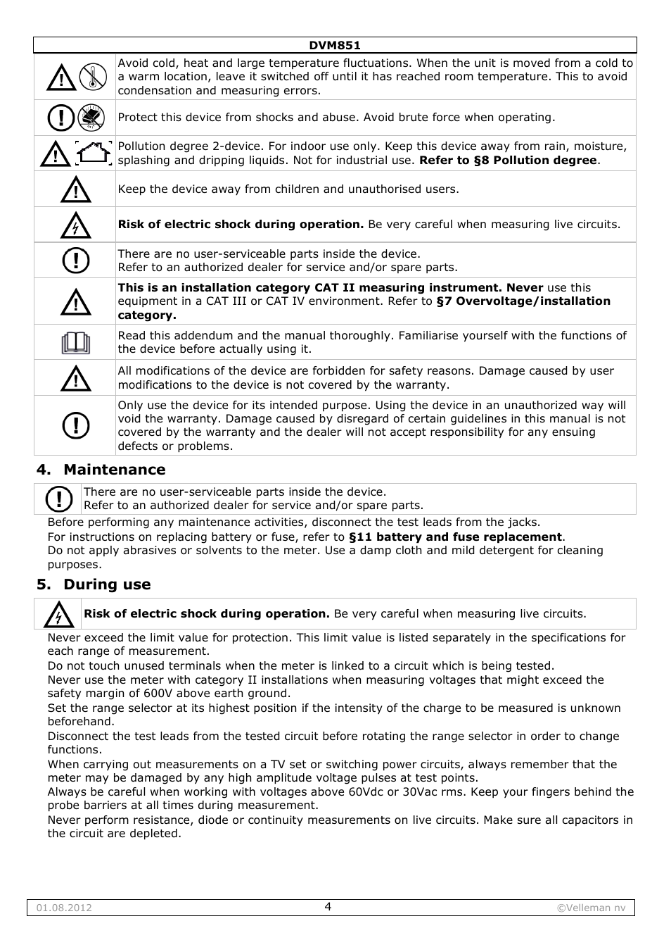 Maintenance, During use | Velleman DVM851 User Manual | Page 4 / 42