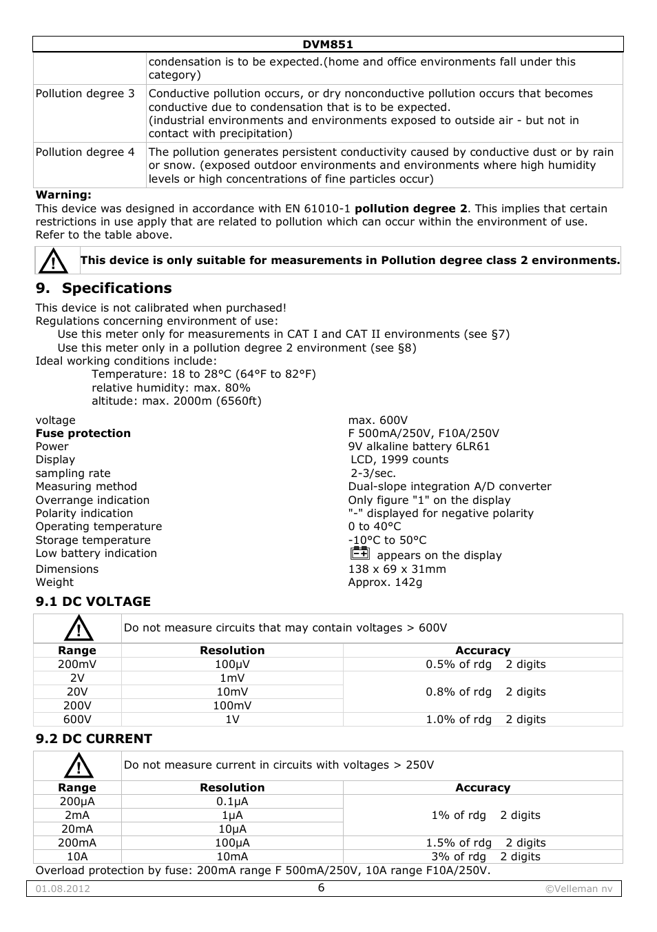 Specifications | Velleman DVM851 User Manual | Page 6 / 42
