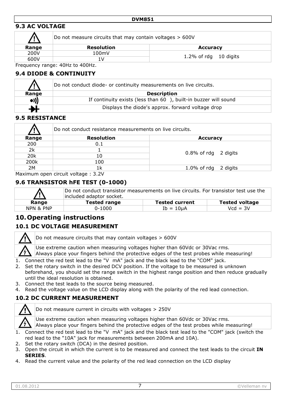 Operating instructions | Velleman DVM851 User Manual | Page 7 / 42