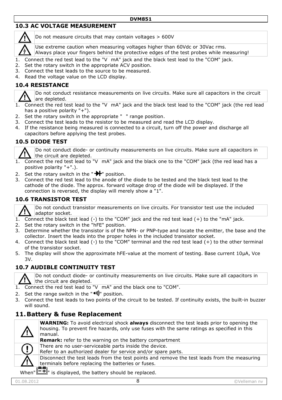 Battery & fuse replacement | Velleman DVM851 User Manual | Page 8 / 42